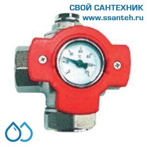 14740 HERZ 1241403 Кран шаровой трехходовой с отводами для промывки и слива, 1",  PN25, 120°С, с термометром красный