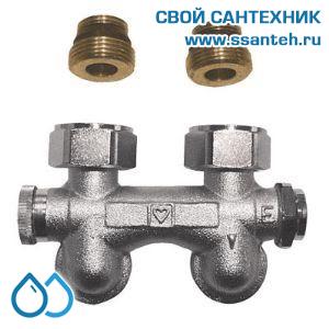 14841 HERZ 1306622 Узел Н-образный для нижнего подключения угловой, 1/2"-3/4"(ЕК), 90°C, 10 бар, с регулируемым байпасом, слив справа